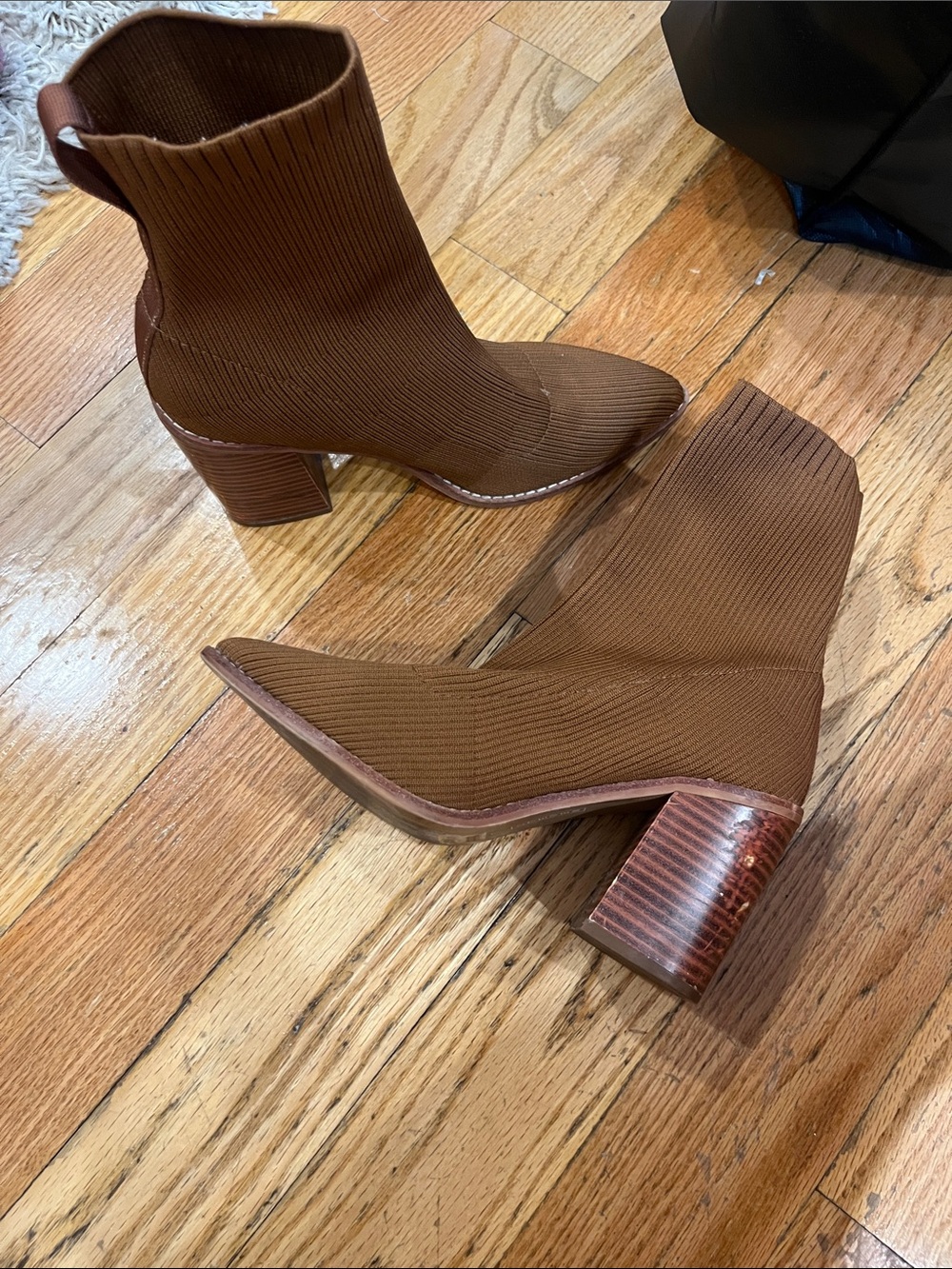 Women's Brown Stretch Knit Block Heel Ankle Booties